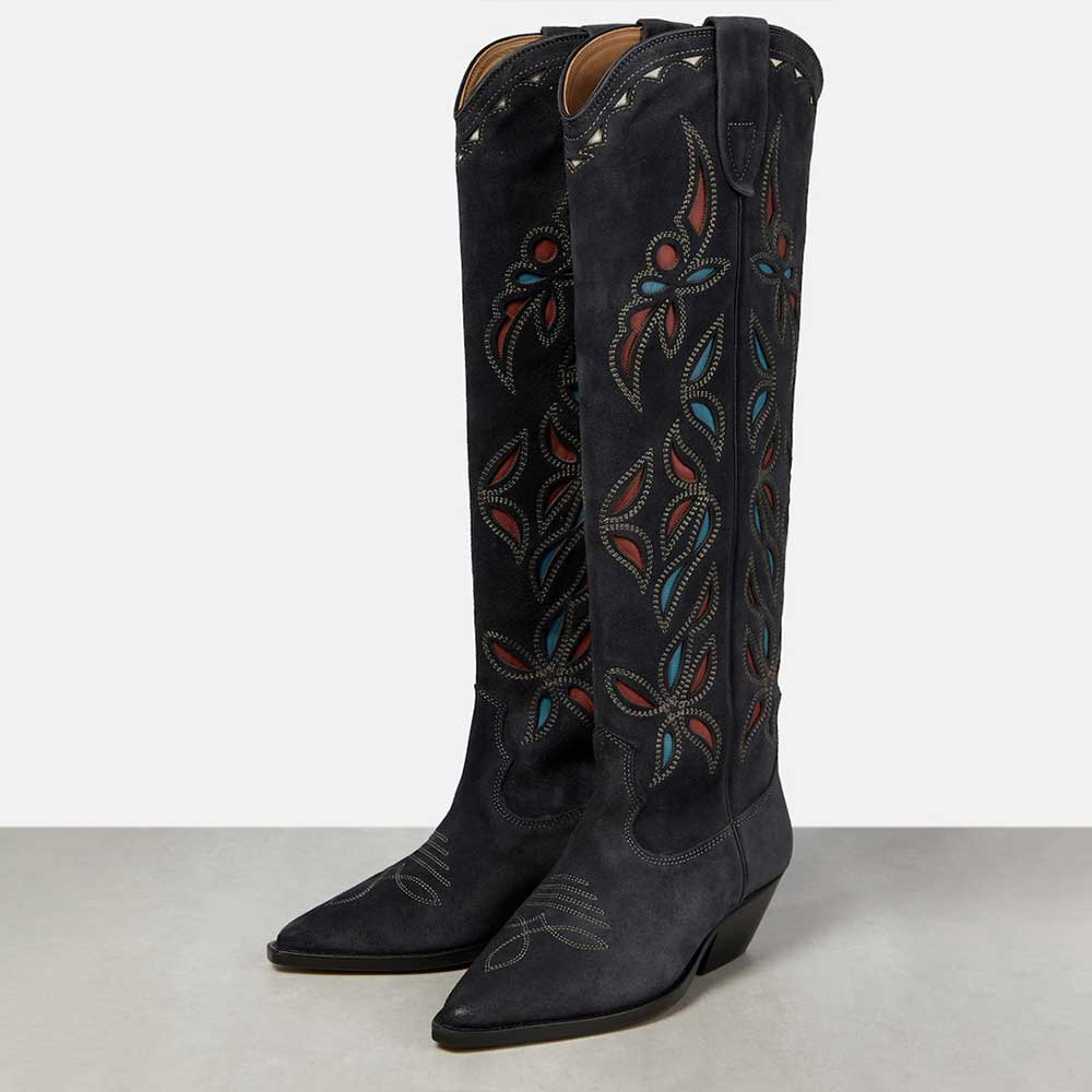 Black Vegan Suede Cut-out Embroidered Knee High Cowgirl Boots