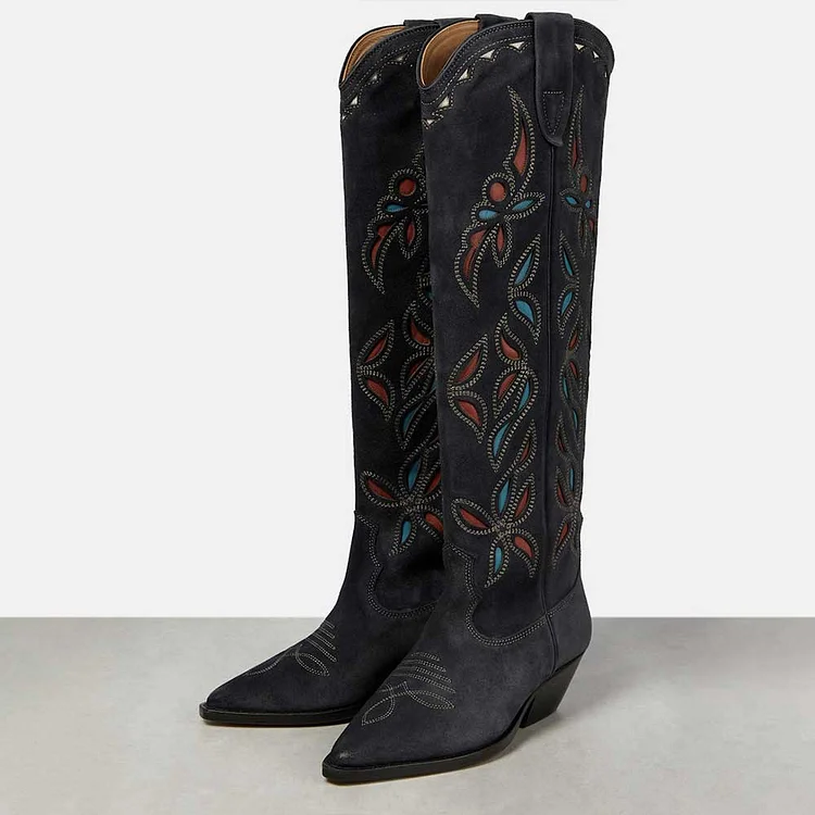 Black Vegan Suede Cut-out Embroidered Knee High Cowgirl Boots |FSJ Shoes