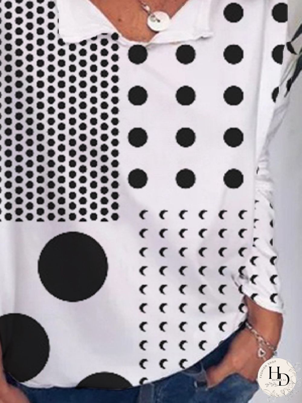 Casual Polka Dots V neck Loose Long Sleeve T-Shirt