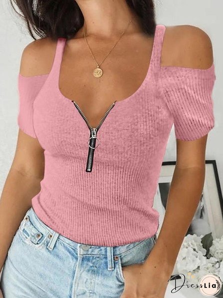 Women's T-Shirts Sling Zip Off Shoulder Short Sleeve T-Shirt