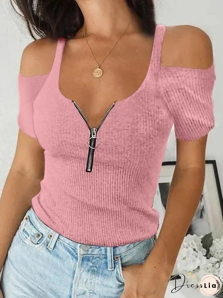 Women's T-Shirts Sling Zip Off Shoulder Short Sleeve T-Shirt