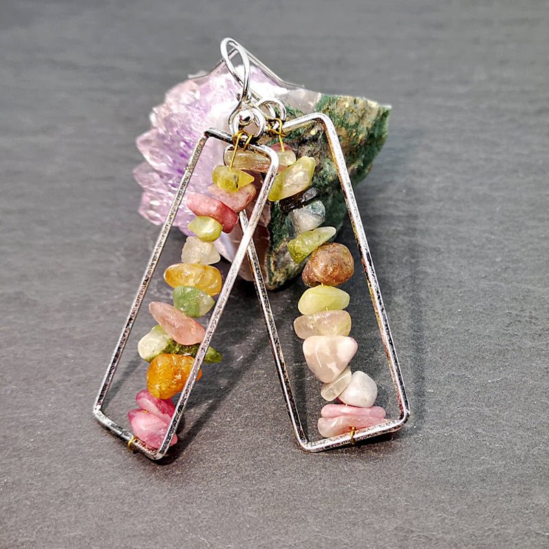 Colorful tourmaline crushed stone earrings vintage natural stone earrings