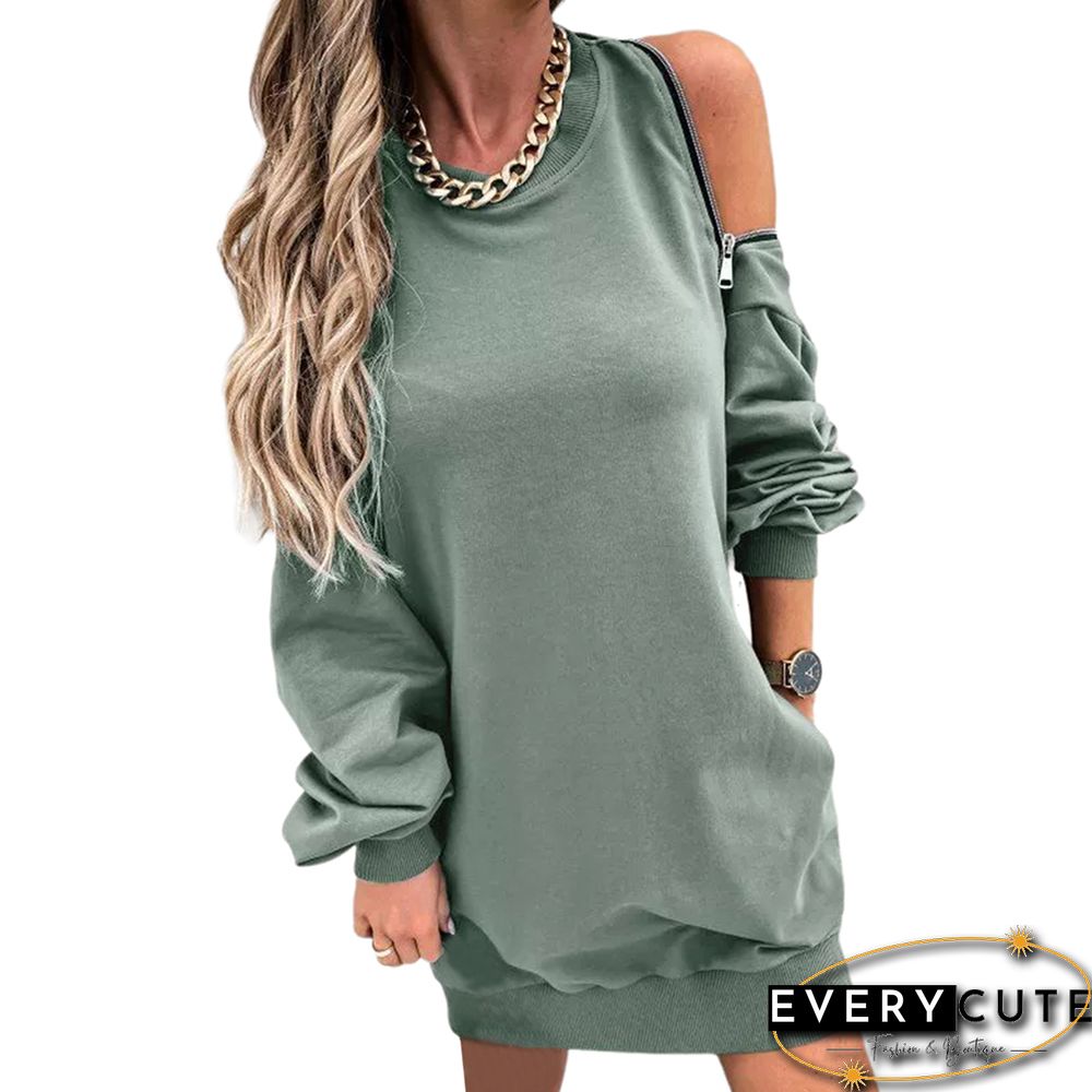 Pea Green Zipper Shoulder Long Sleeve Casual Dress