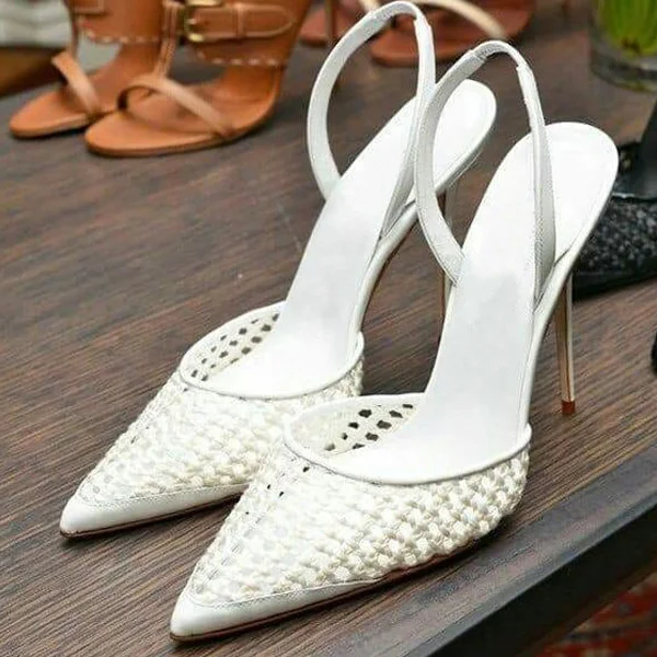 White Nets Slingback Pumps Pointy Toe Stiletto Heels Wedding Shoes |FSJ Shoes