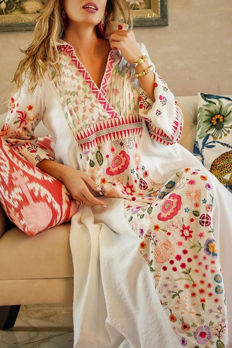 Turndown Collar Floral Print Long Sleeve Ruched Loose-Fit Maxi Dresses