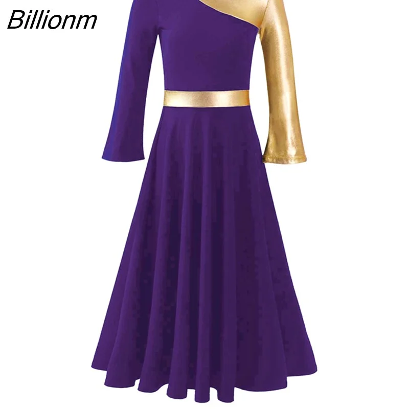 IBKOM Liturgical Praise Dance Dress - Metallic Gold Long Church Dancewear  For Women
