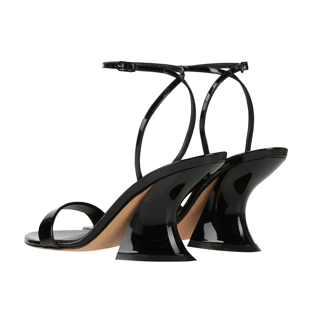 Black Pointed Toe Sculptural Heel Ankle Strap Sandals with Buckle