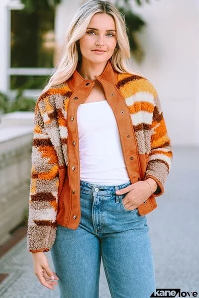 Fuzzy Contrast Snap Down Long Sleeve Jacket