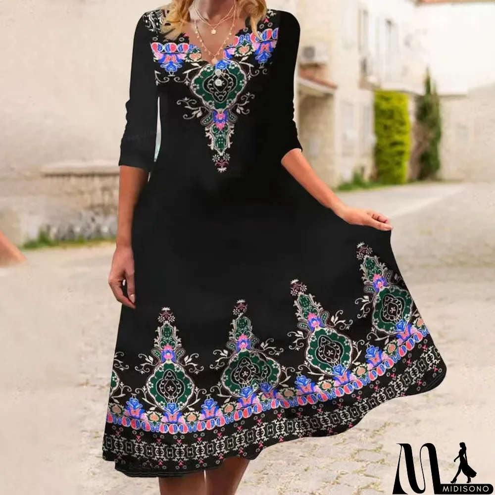 MidiSono - Elegant V Neck Casual Loose Printed Vintgae Boho Dress