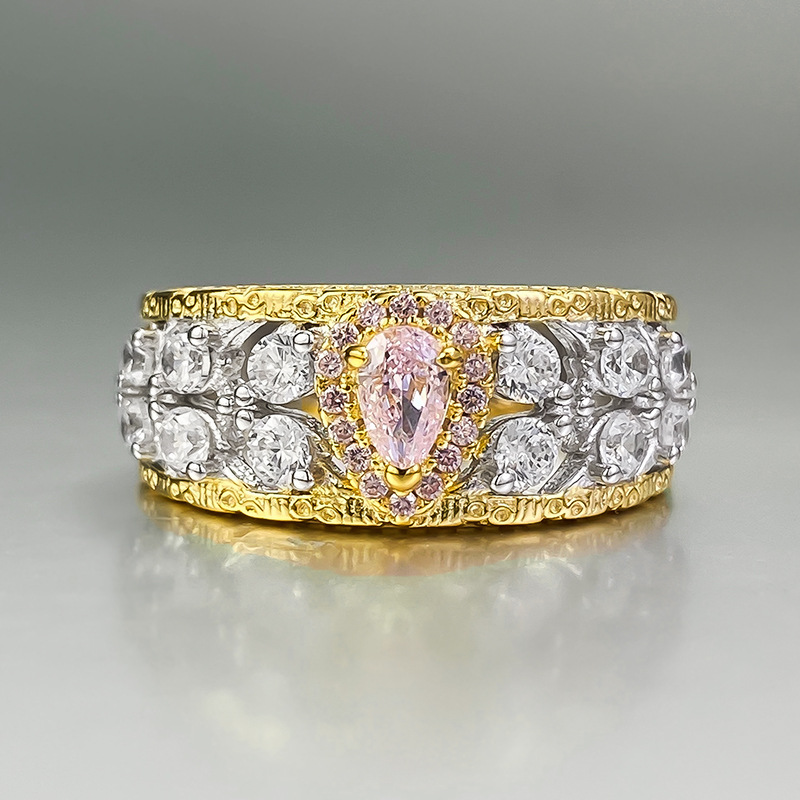 MIKAMU Jewelry S925 Silver Pink Diamond 3*5mm Pear-Shaped Ring - Stylish Everyday Fashion with Micro-Set Diamonds, Perfect Engagement or Gift Ring