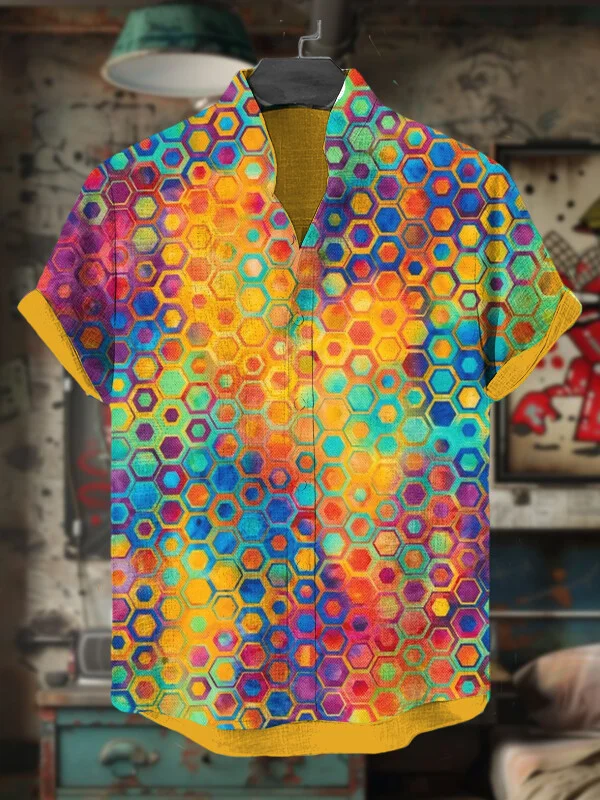 Men's Colorful Hexagonal Pattern Short Sleeve Shirt
