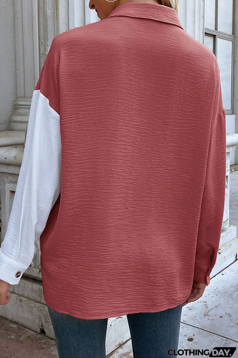 Elegant Color Block Pocket Contrast Turndown Collar Tops