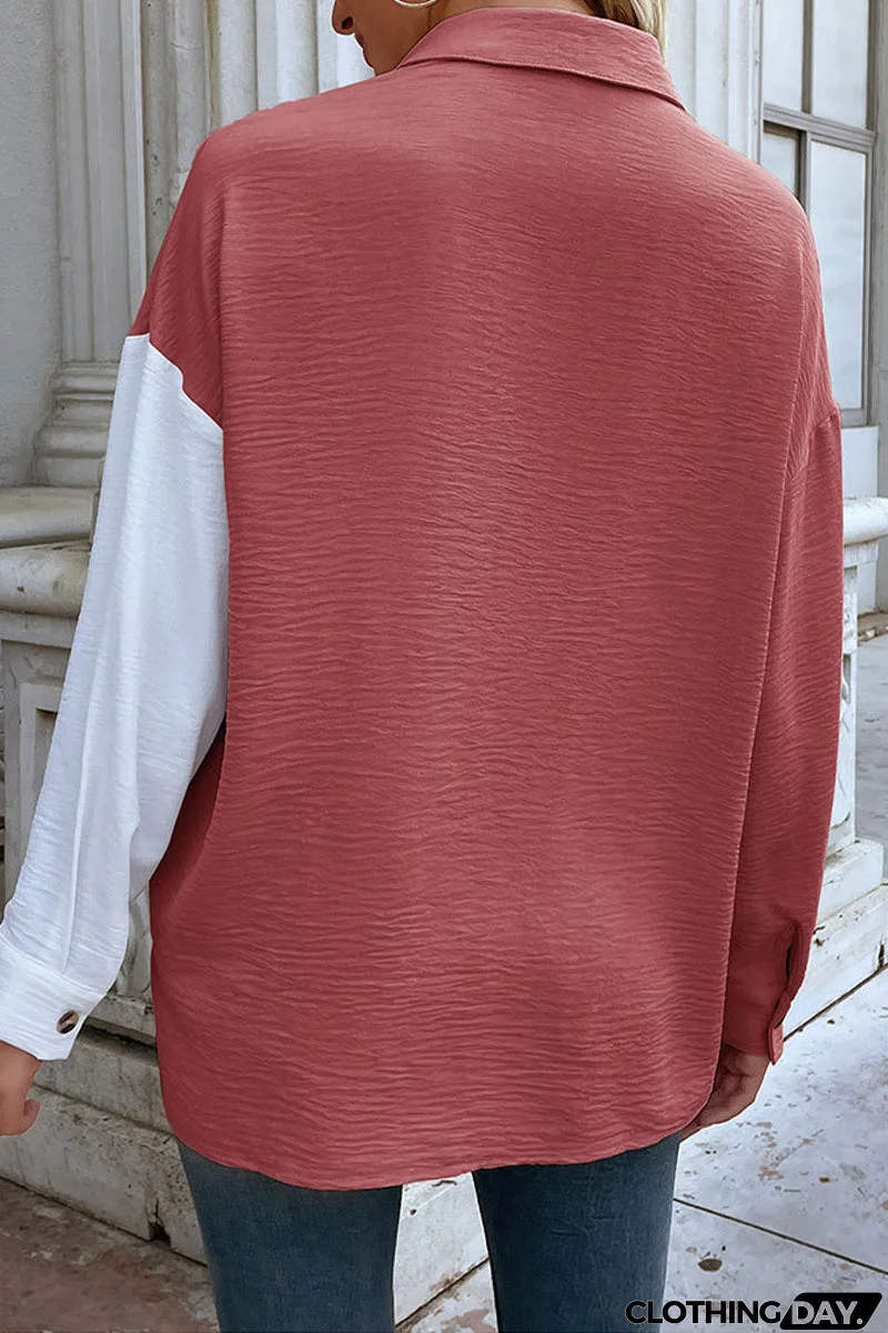 Elegant Color Block Pocket Contrast Turndown Collar Tops
