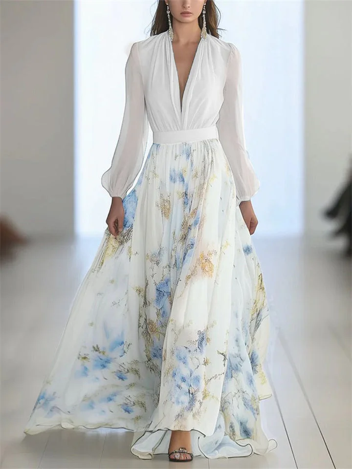 Women's Contrast Color Patchwork Long Sleeve V Neck Maxi Dress