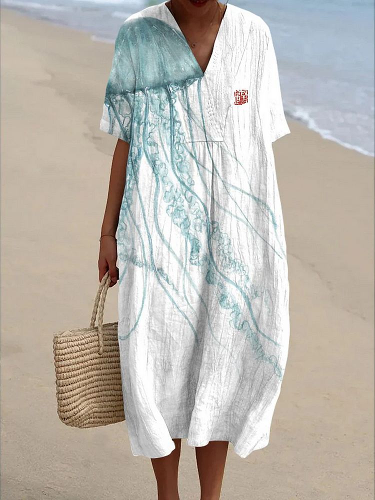 Watercolor Jellyfish Art Printed Women's Flowy Dress