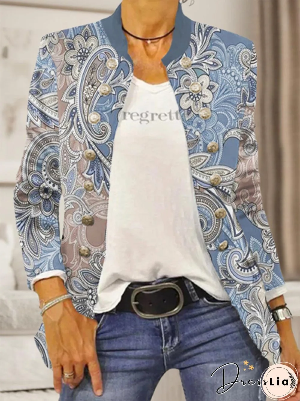 Paisley Long Sleeve Buttoned Plus Size Casual Jacket