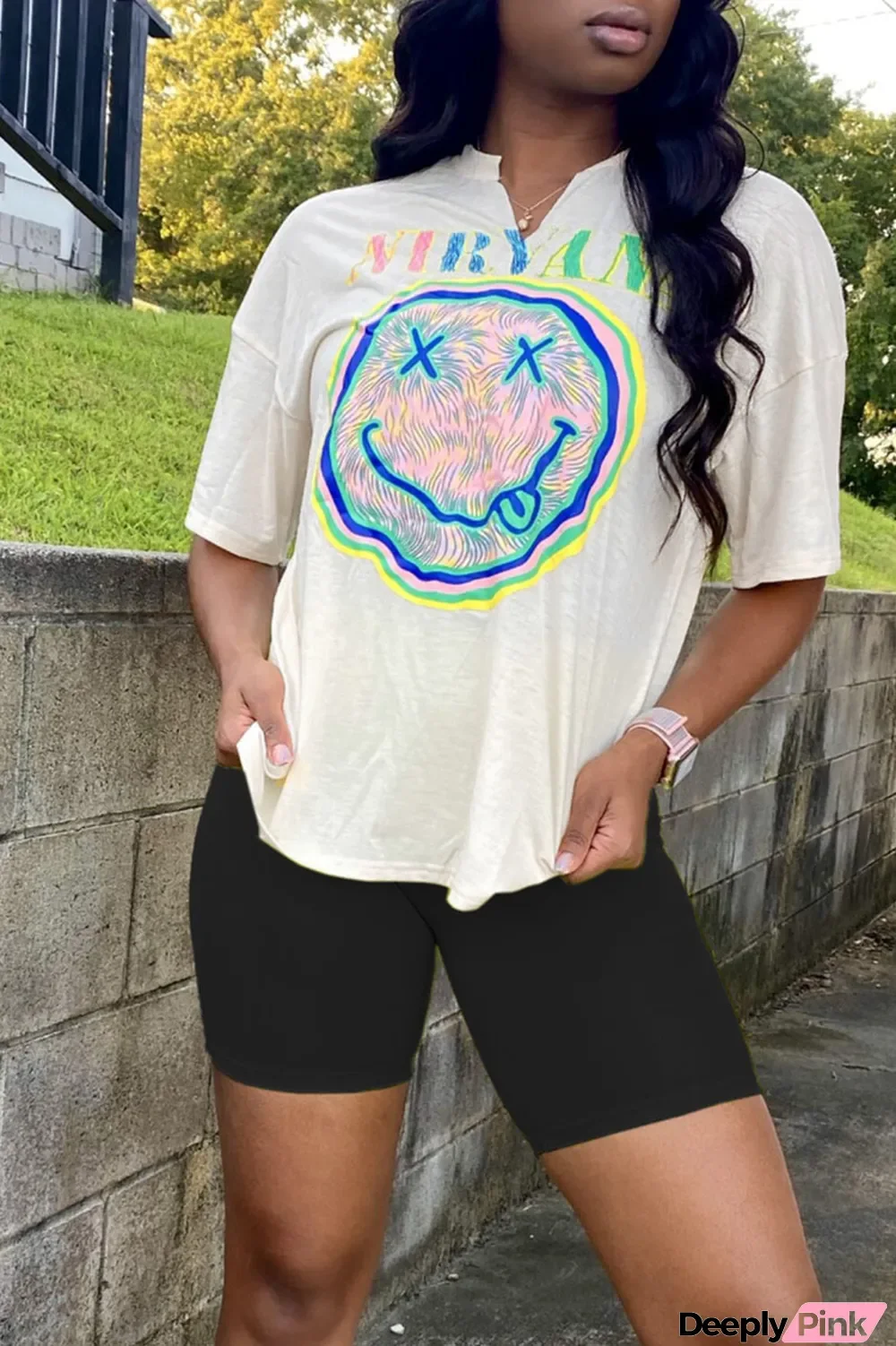 Black Casual Print Patchwork V Neck Short Sleeve Two Pieces