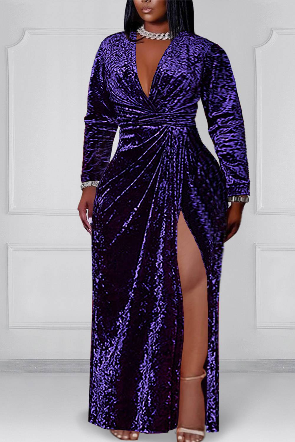 Plus Size Formal Dress Purple V-Neck Long Sleeve Split Velvet Maxi Dress