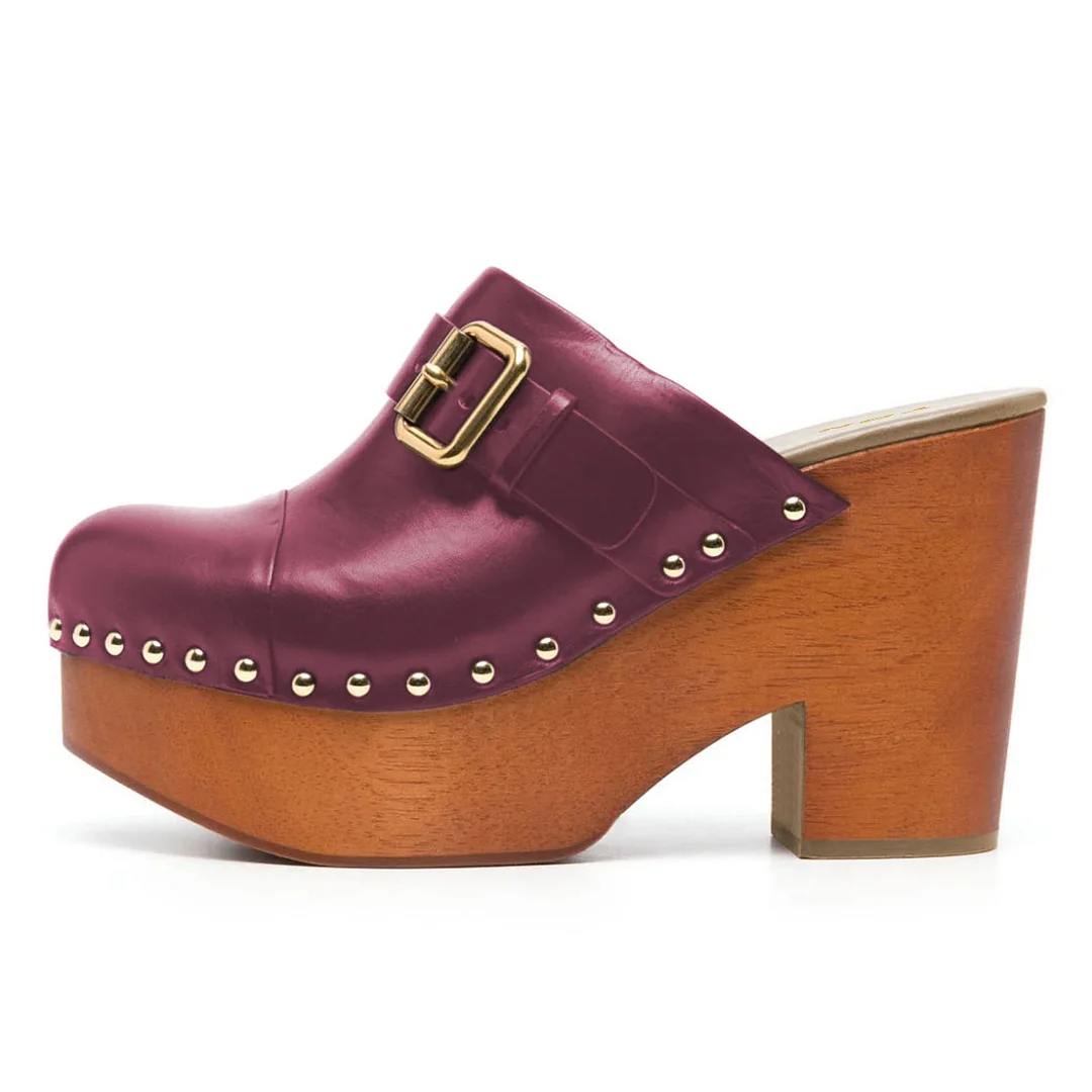 Purple Round Toe Buckle Strap Platform Womens Mules Shoes with Studs