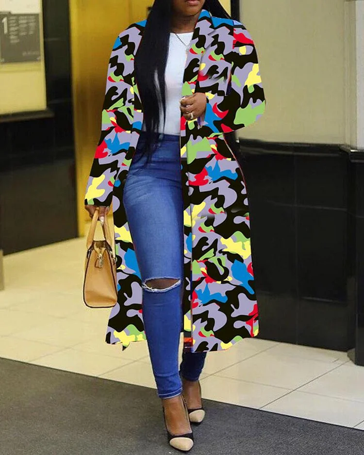 Printed Double-breasted Lapel Trench Coat
