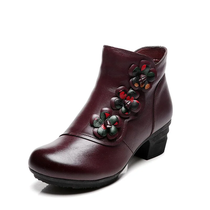 Glglgege 2019 New Cow Leather Ankle Boots Women Shoes Genuine Leather Winter Boots Soft Flower Comfortable Warm Spare Heel Boots