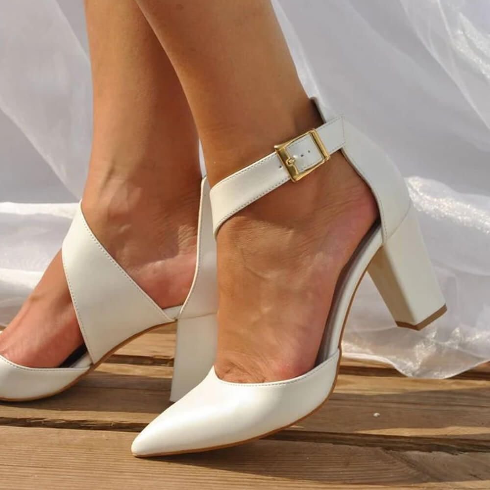 White Pointed Toe High Heels Leather Ankle Strap Chunky Heels Nicepairs