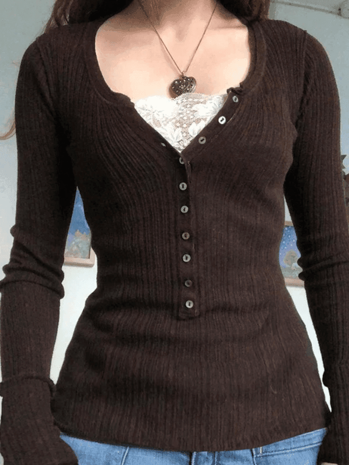 Brownm Lace Paneled Button Long Sleeve Knit Top
