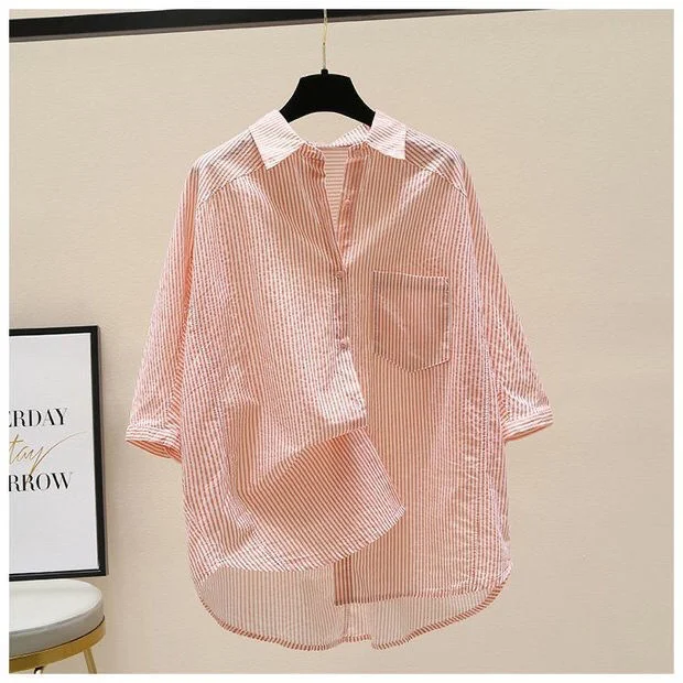 Athvotar Athvotar Pink Striped Shirt 2025 Summer New Women's Art Small Fresh Bat Sleeve Single Pocket Collar Top