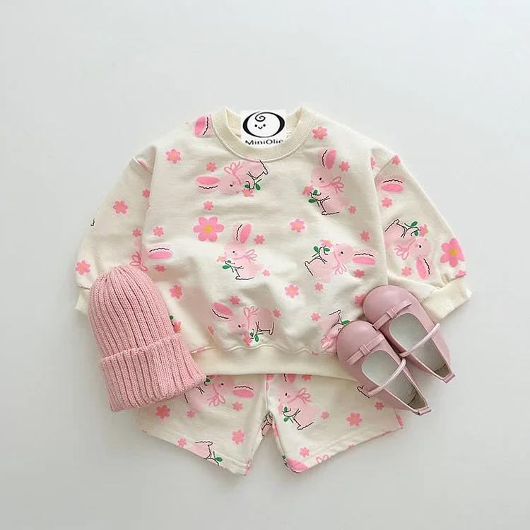 Baby Toddler Bunny Flower Sweatshirt and Shorts Set