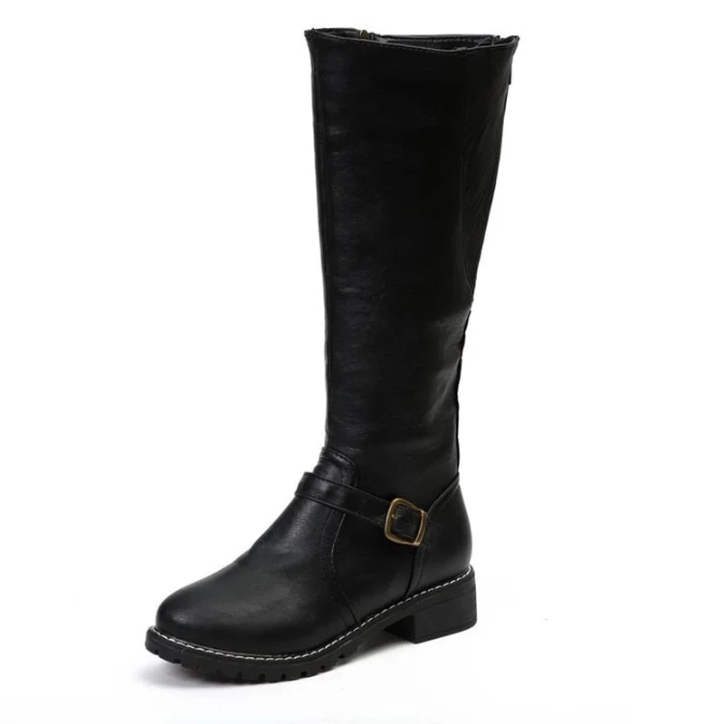 Women's Boots Fashion Metal Buckle Boots Women Leather Mid-calf Boots Zip Round Toe Shoes Female Solid Low Heels Plus Size