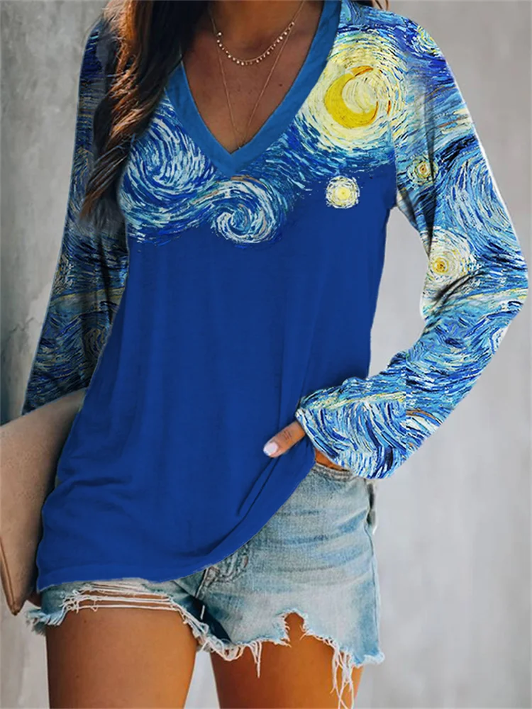 Starry Night Inspired Contrast V Neck T Shirt