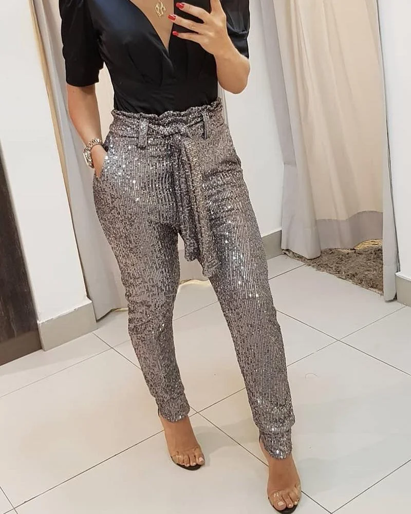 UForever21  Women Belted Slinky Pencil Pants with Pockets Glitter Silver Black High Waist Trousers for Female