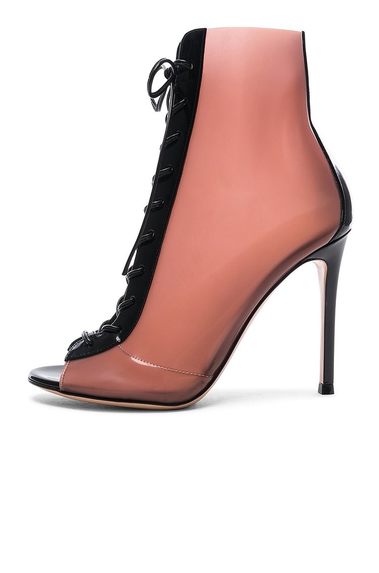 Pink Peep Toe Lace up Heels Patent Leather Ankle Boots |FSJ Shoes