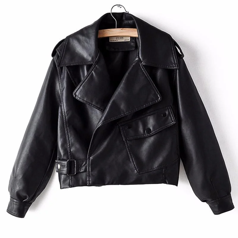 FTLZZ New Arrivals Women Faux Leather Jacket Pu Motorcycle Biker Beige Leather Coat Fashion Turndown Collar Loose Streetwear