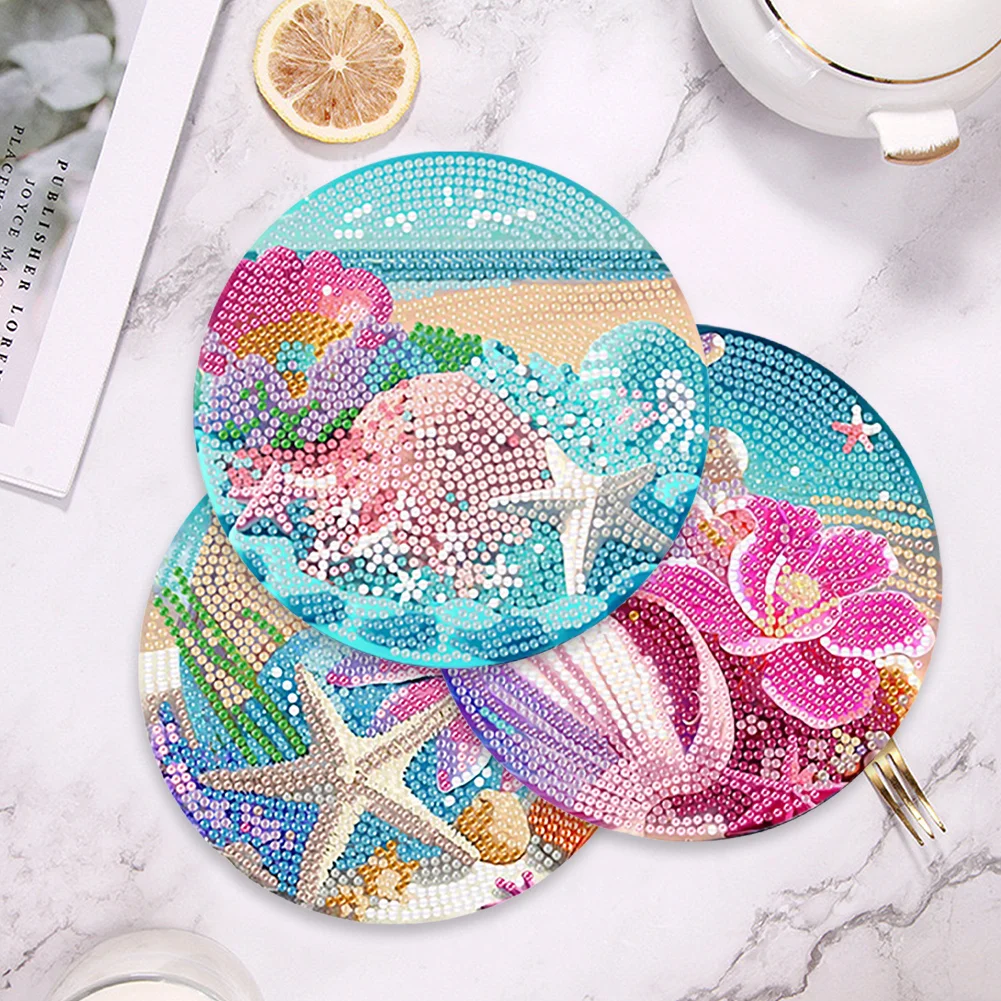 4pcs DIY Beach Starfish Acrylic Diamond Painting Placemats Kitchen Dish Mat with Holder