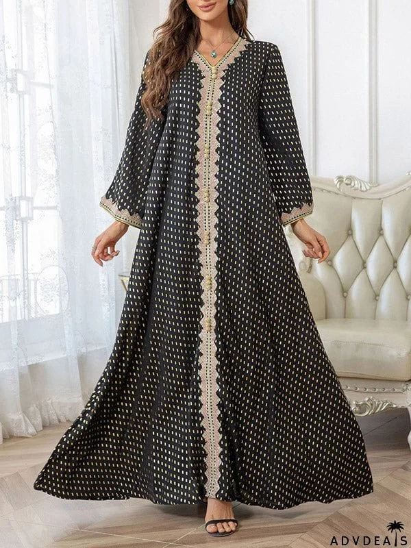 Batwing Sleeves Long Sleeves Muslim Polka-Dot V-Neck Maxi Dresses