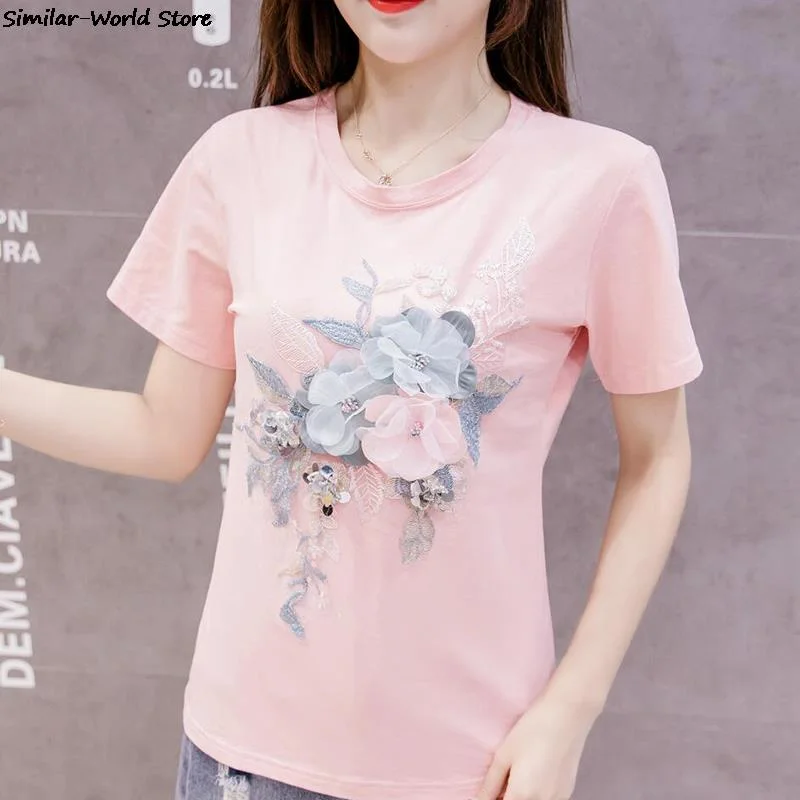 Summer Embroidery Beading Flower Tshirts Women O Neck Short Sleeve Girl Tops T-shirts Women Floral Tee Shirt