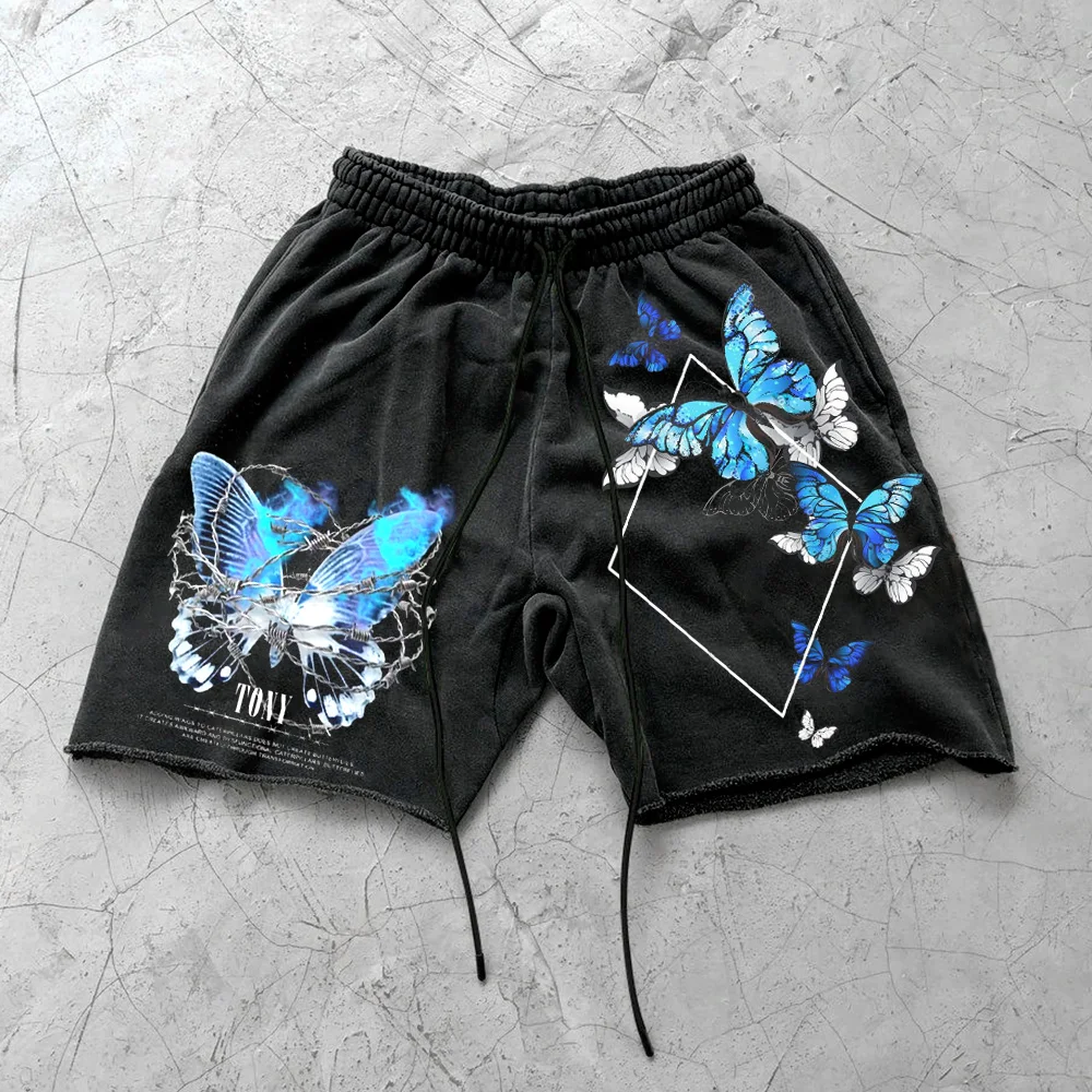 Unisex Retro Butterfly Print Shorts、、URBENIE