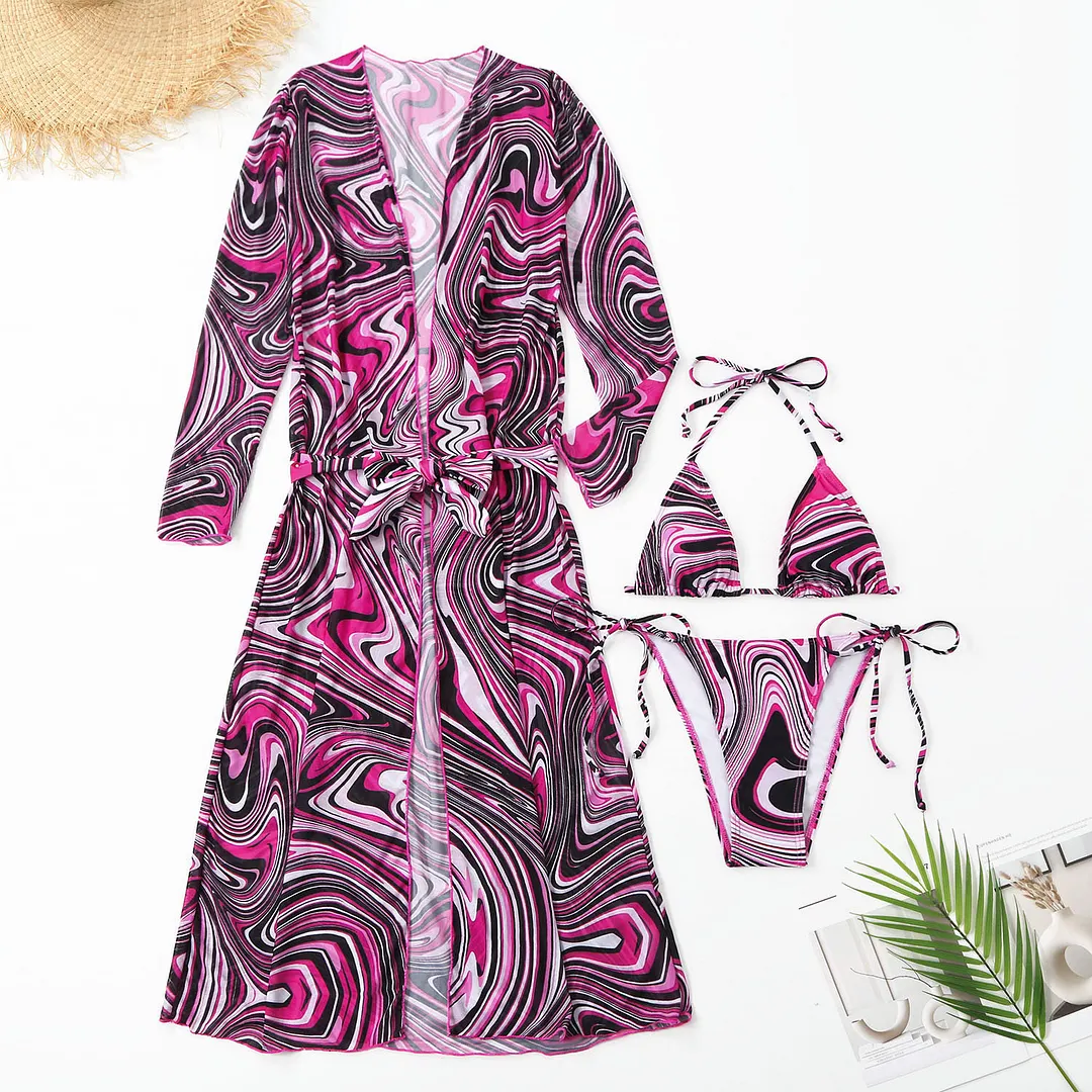 Uveng 2022 New Striped T-Shirt With Long Nepotnet Yarn In Three-Piece Bikini