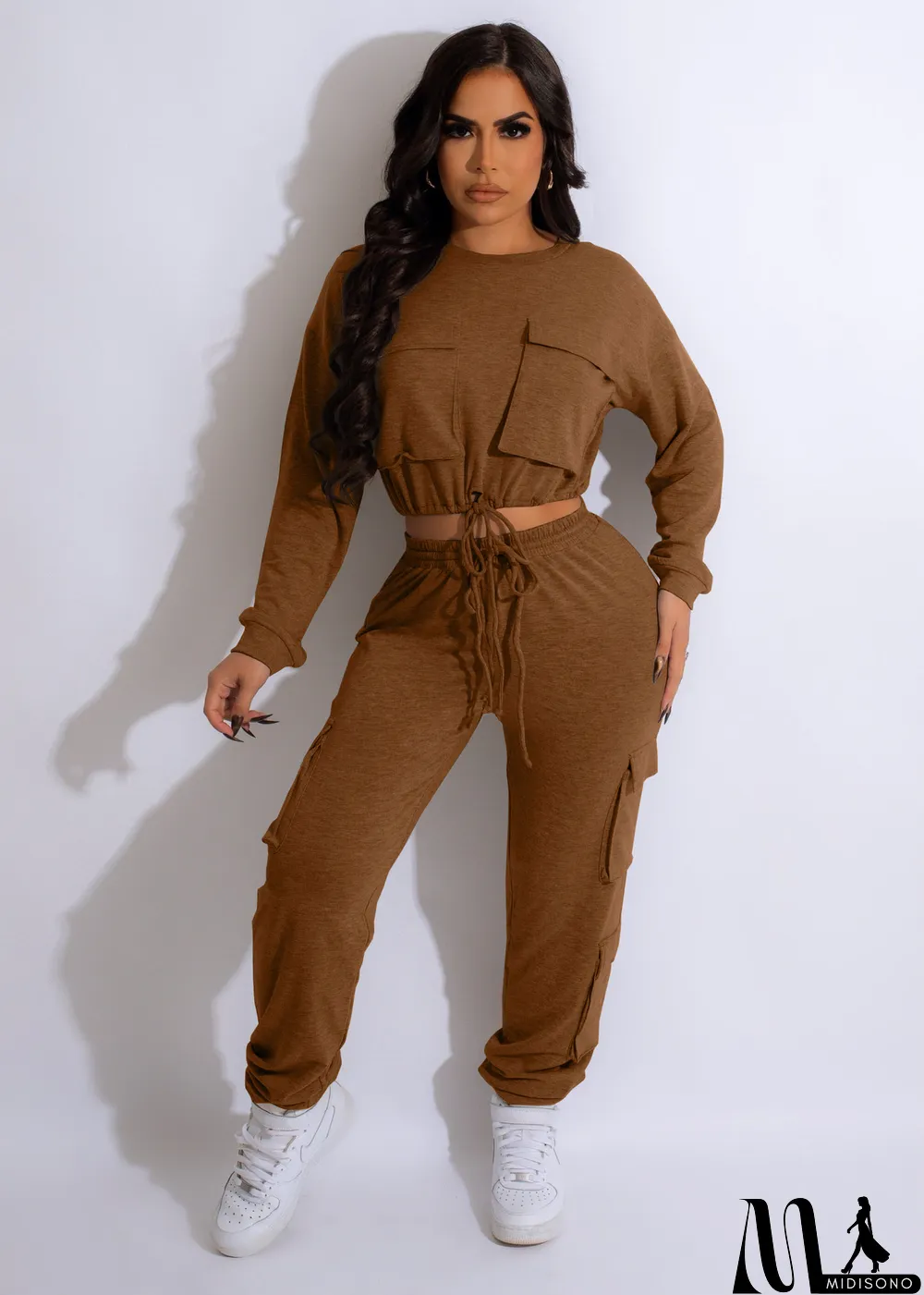MidiSono - Solid Color Drawstring Crop Tops And Pant 2 Piece Set