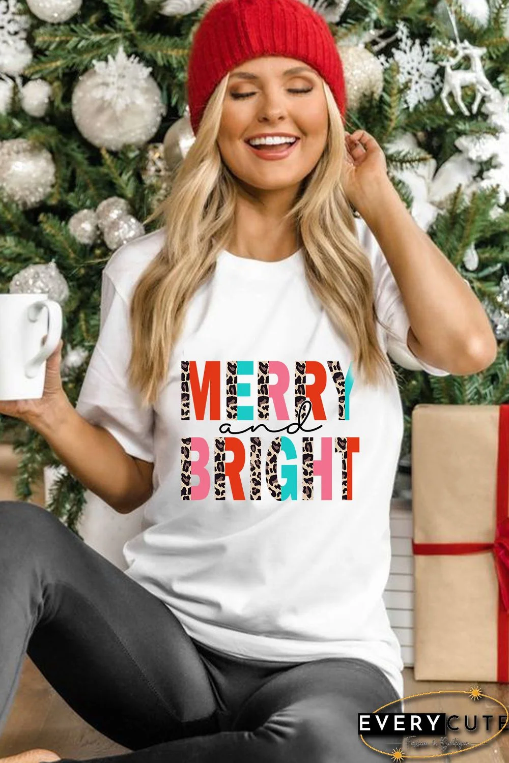 White Merry and Bright Leopard Print Short Sleeve Graphic Tee