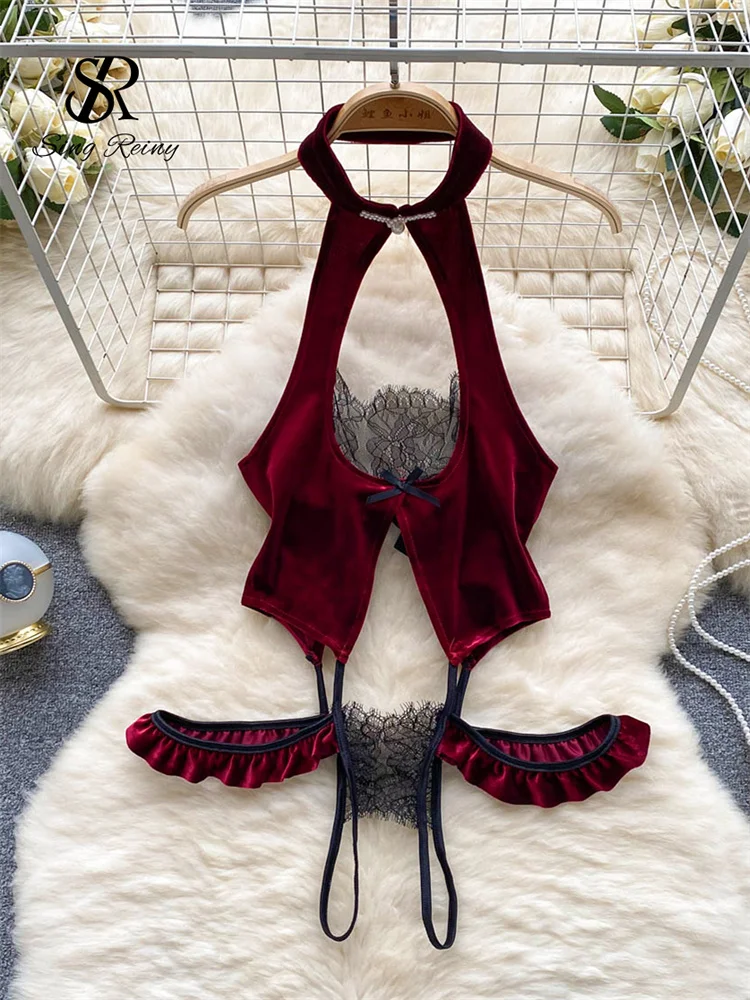 Huibahe Lace Open Crotch Sexy Bodysuits Women Hollow out Slim Sensual Playsuits Cheongsam Velvet Backless Erotic Nightwear