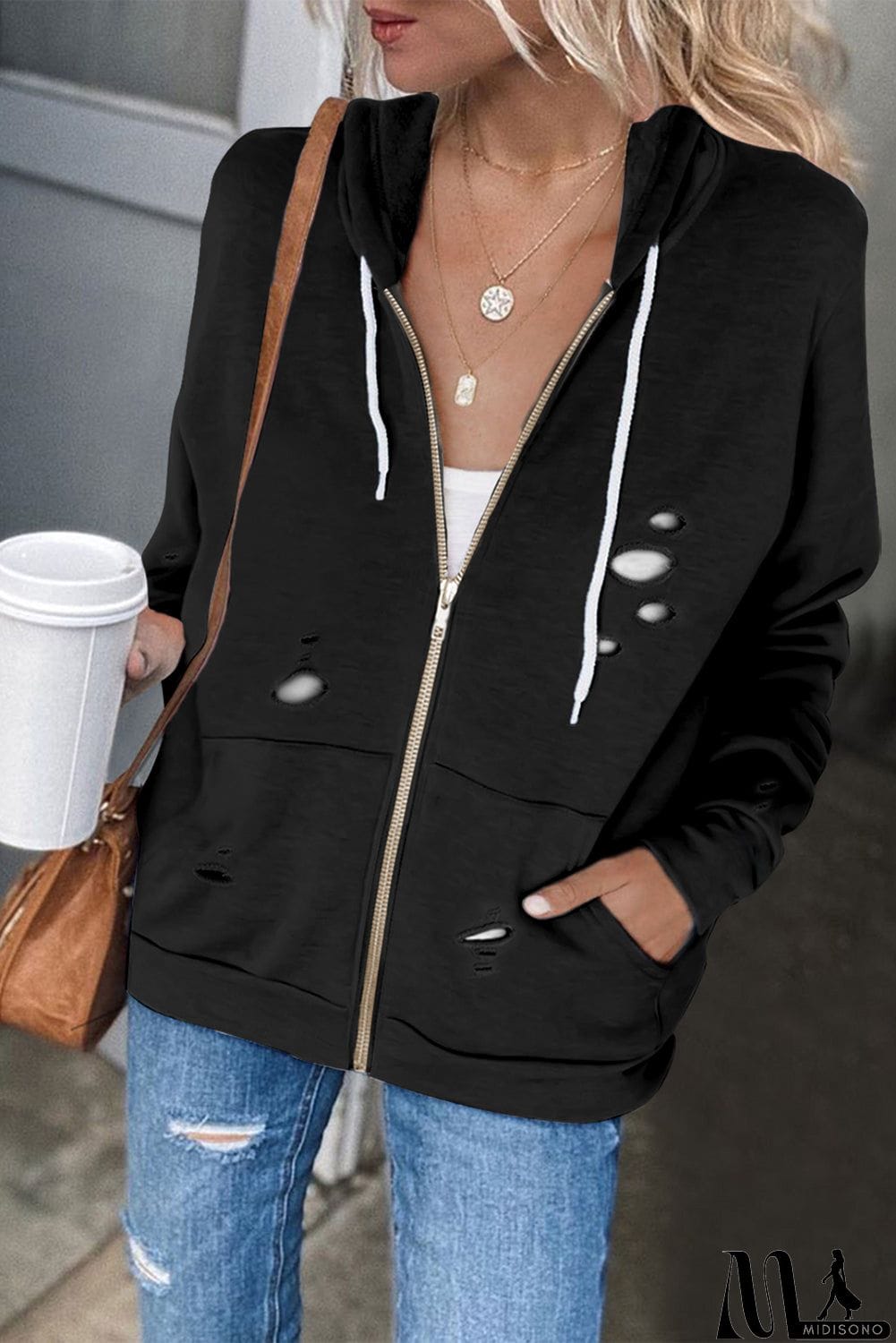 MidiSono - Ripped Zipper Pocket Hoodie