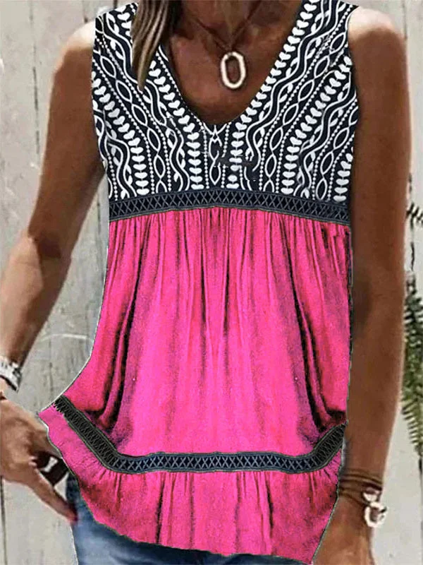 Women's Casual Printed Sleeveless O-neck Tops Blouse Vest