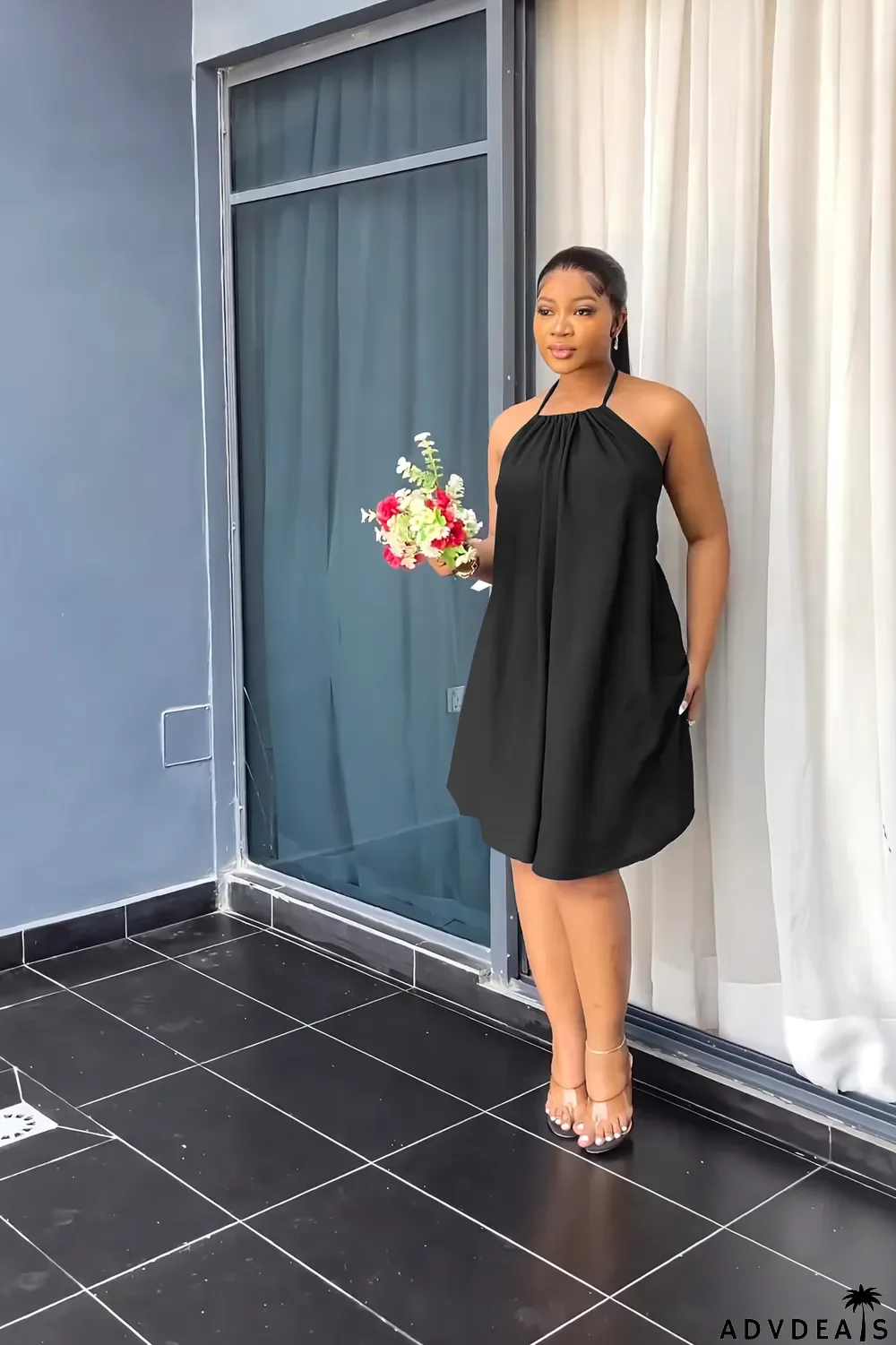 Sleeveless Sexy Low Back Tie Slim Waist Gown Chic Halter Neck Dress