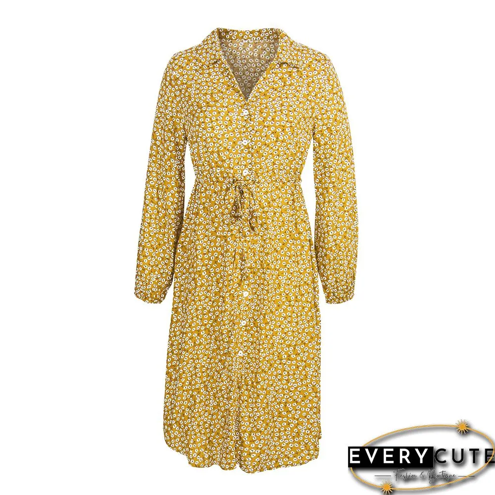 Yellow Floral Print Button Tie Waist Shirt Dress