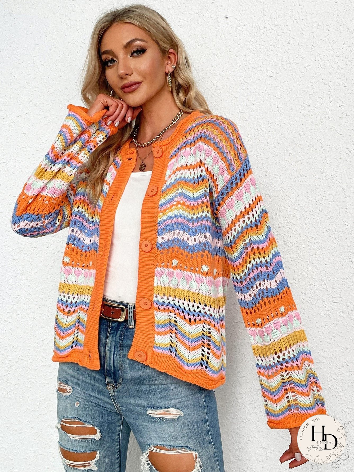 Chevron Stripes Openwork Cardigan