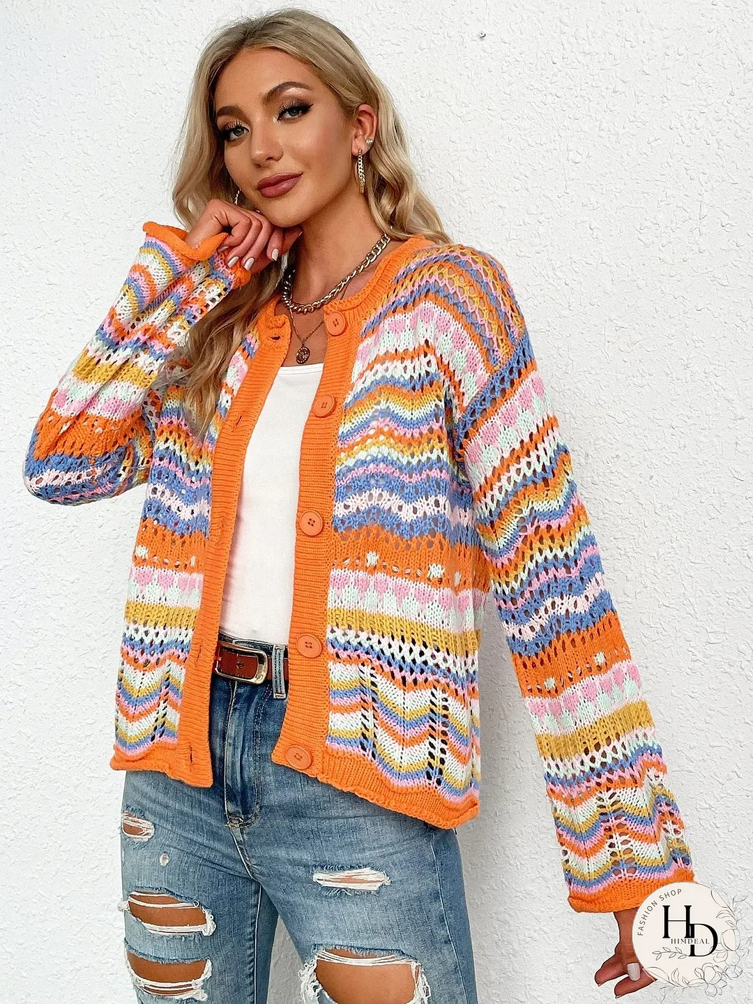 Chevron Stripes Openwork Cardigan