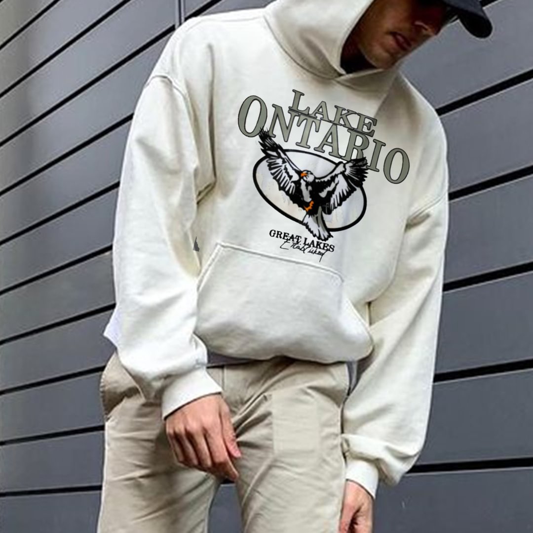 Retro Men's Ontario Lake Print Casual Hoodie