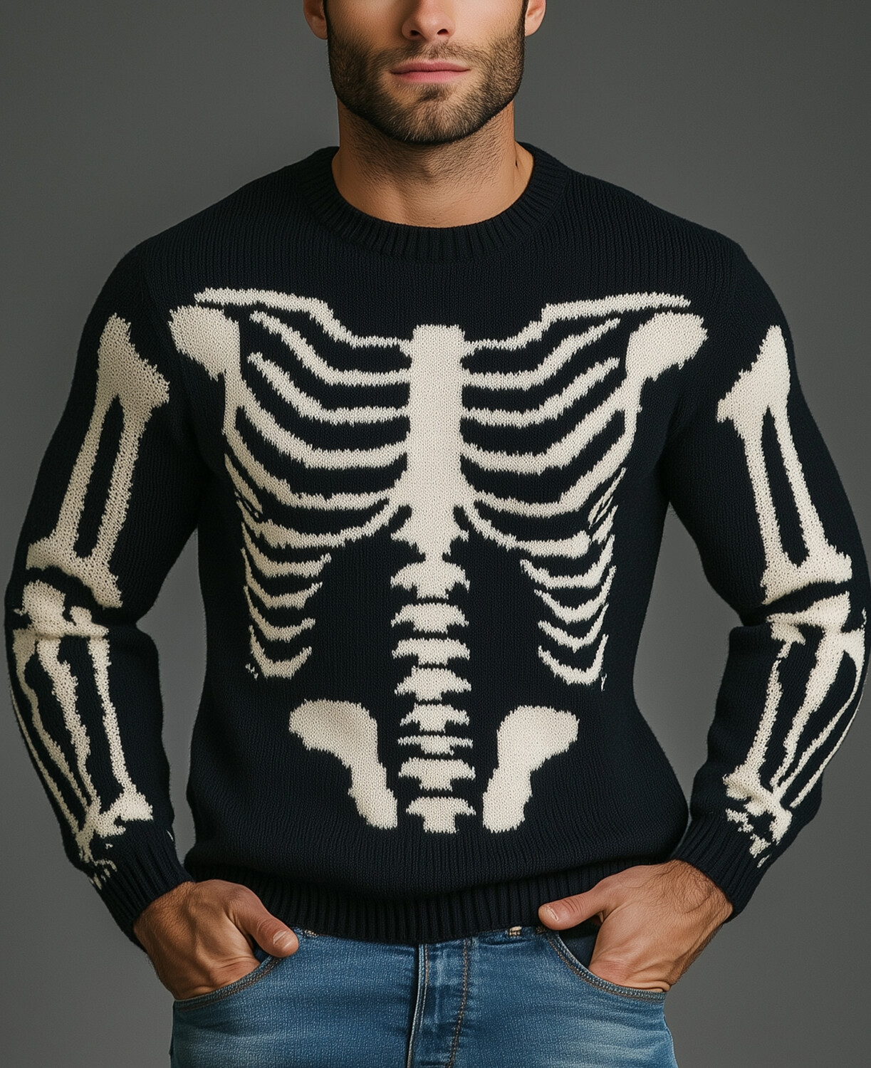 Okaywear Halloween Knit Long Sleeve Skeleton Print Sweater